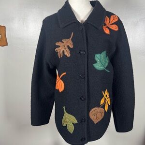 Vintage Lisa International Embroidered Fall Leaves Black 100% Wool Cardigan Sz M